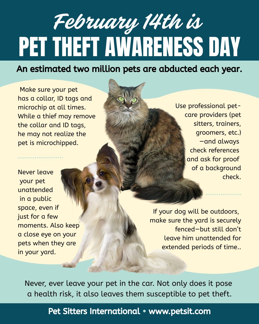 Pet Theft Awareness infographic features cat and dog image with tips for preventing pet theft