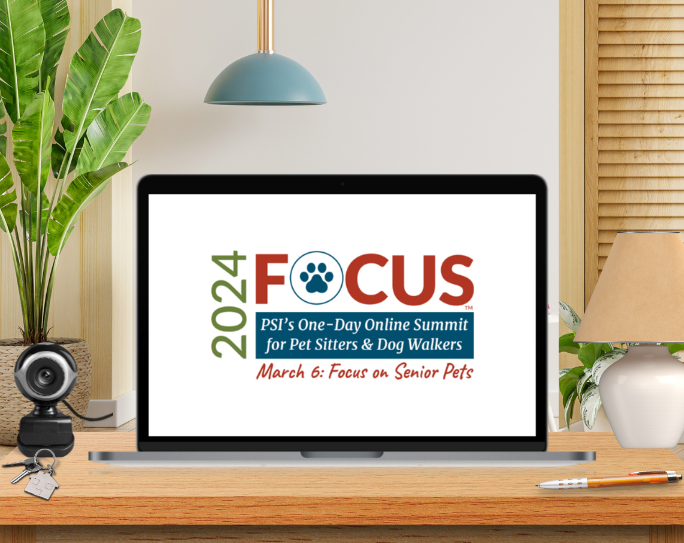 PSI's FOCUS one-day online summit for pet sitters and dog walkers on computer screen