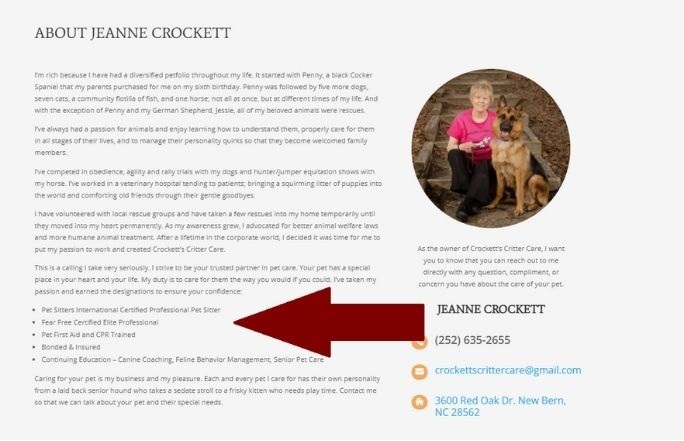 Listing credentials on about page of pet sitter website