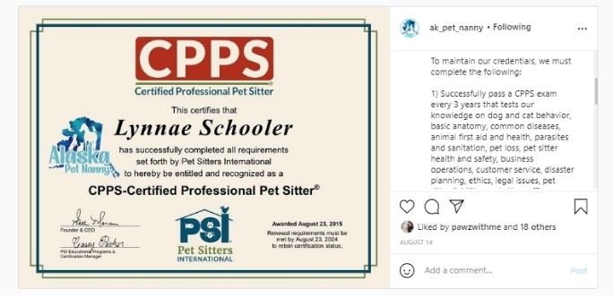 Promoting credentials on pet sitter social media
