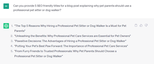 ChatGPT for pet sitters-SEO friendly titles