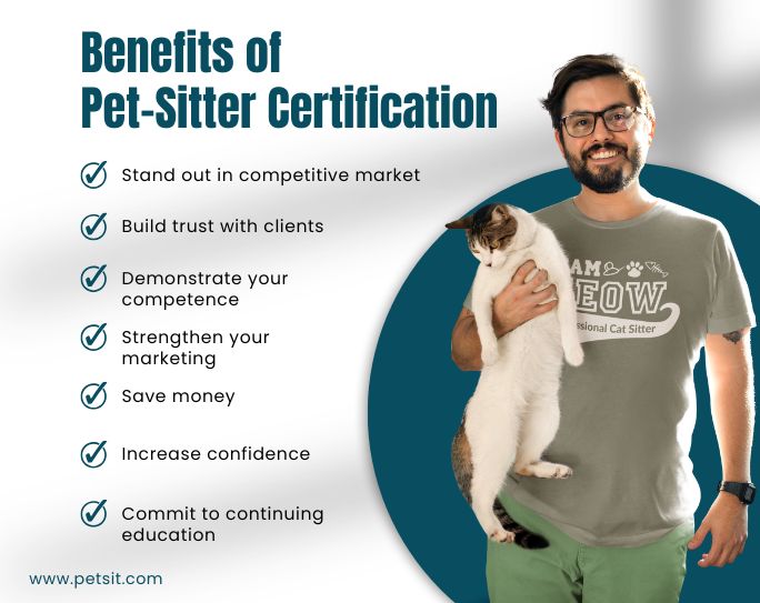 Image includes list of benefits of pet sitter certification and features a picture of a man wearing cat sitter shirt holding a cat