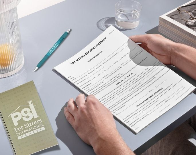 Pet Sitting Contract-Items To Include A man's hands is holding a copy of a pet-sitting contract on their desk